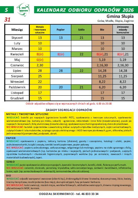 Kalendarz odbioru odpadów komunalnych na 2026 rok dla wsi Gzów, Modła, Słupia, Zagórze