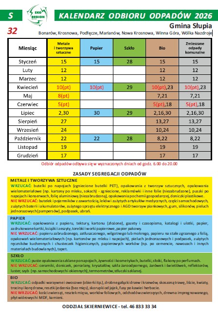 Kalendarz odbioru odpadów komunalnych na 2026 rok dla wsi Bonarów, Krosnowa, Podłęcze, Marianów, Nowa Krosnowa, Winna Góra,...
